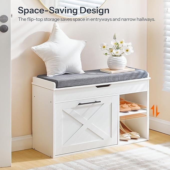 HOOBRO Shoe Storage Bench with Cushion, Modern Entryway Bench with Flip Drawer and Hidden Top Compartment, Shoe Cabinet with Seat and Adjustable Shelves for Hallway, 31.5" L, White and Gray, WG55HX01