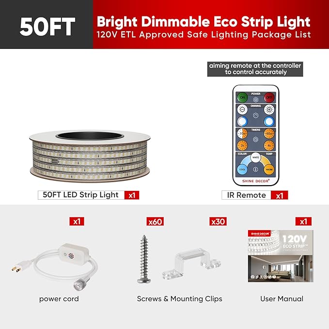Shine Decor LED Strip Light Connectable, CCT 2800-6000K Warm-Cool Changing Tone for Room, 50FT 120V Plug-in Outdoor Rope Lighting Cold Resistant Waterproof ETL Listed, Remote Timer Available
