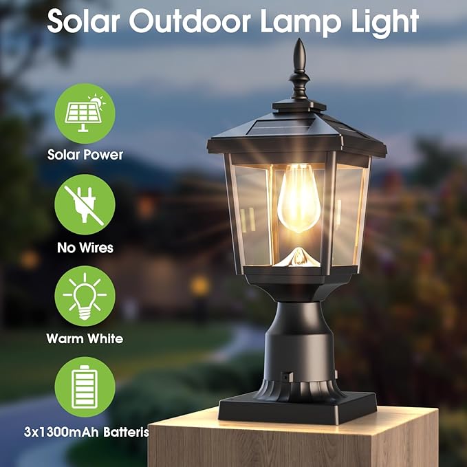 Greluna Solar Post Light with Pier Mount Base, 3000K Dusk to Dawn Lamp, Waterproof Outdoor Garden Yard Landscape Lighting, Decorative Pillar Light
