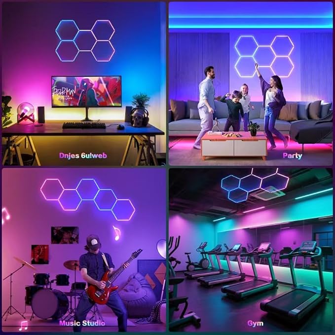 25 Pack RGB Hexagon Garage Light Kit, 5 Hex Panels with Music Sync, Color Changing LED Lighting, App & Remote Control, DIY Honeycomb Design for Garage, Gym, Workshop, Gaming Room