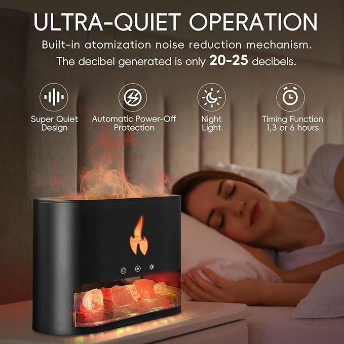 Essential Oil Diffuser, Fireplace Flame Fire Oil Diffuser, 250ml Himalayan Salt Lamp Diffuser, Cool Mist Aromatherapy Humidifier with 7 Colors Light, Timer & Auto-Off for Home, Room (Black)