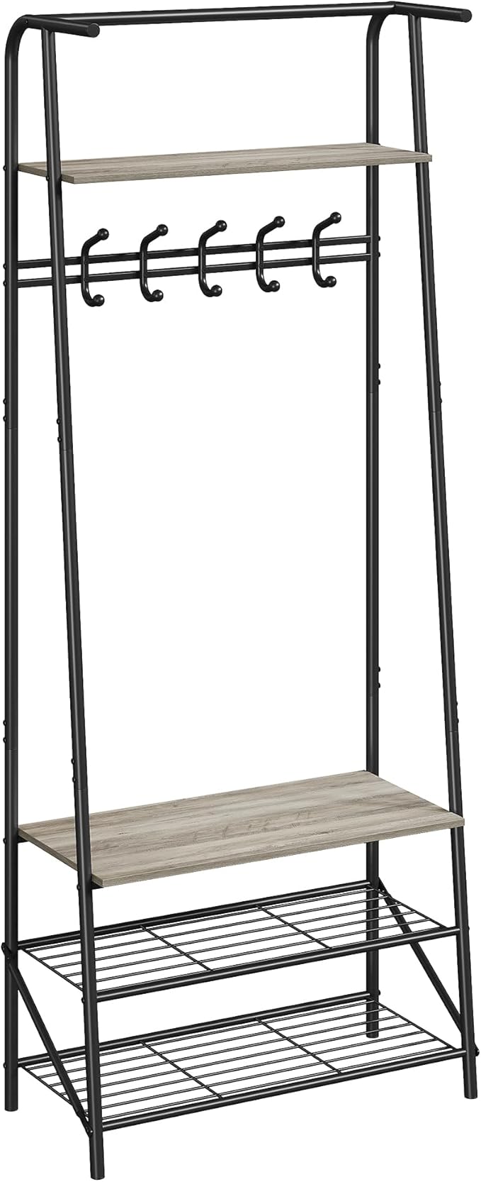 Hall Tree with Shoe Storage Bench & 5 Hooks – Entryway Coat Rack Organizer, Metal Frame, Wood Look – Multi-Functional for Entryway, Living Room, Bedroom – Single Row Hook, 60cm Wide, Gray
