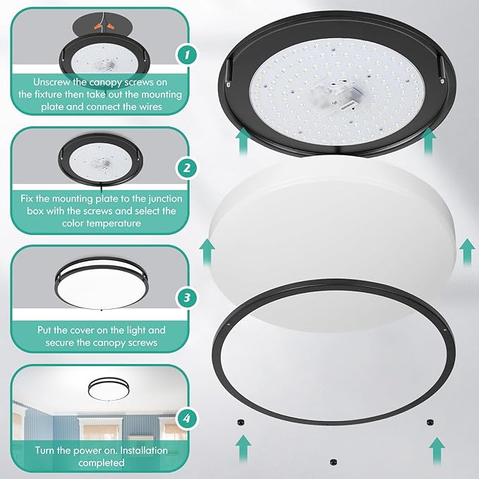16 Inch LED Flush Mount Ceiling Light Fixture 2PACK, Dimmable 5CCT Selectable 2700K Warm White-6500K Super Bright Daylight White, 50W 6000LM Round Black Ceiling Lamps for Living Room Bedroom Kitchen