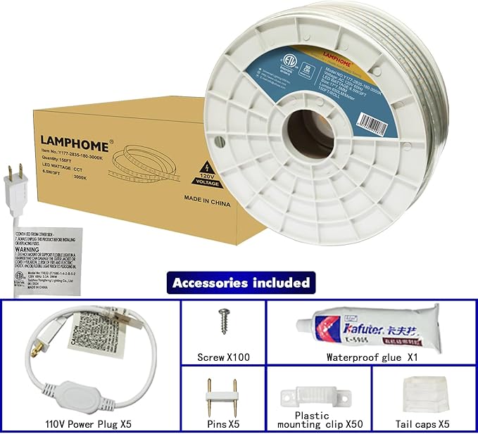 LAMPHOME 3000K 120V LED Strip Light, 150FT 9000LED 100LM/W Waterproof for Outdoor Indoor, Every 1.5ft Cuttable Lighting Strip, 17.5x7.8mm ETL Listed，Warm White