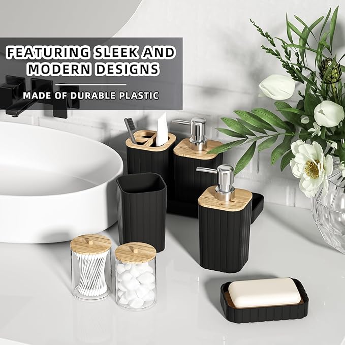 XLHOMO Bathroom Set - 25PC Black Bathroom Set with Shower Curtain and Rugs, Bathroom Accessories Set, Black Shower Curtain Set with Bathroom Trash Can