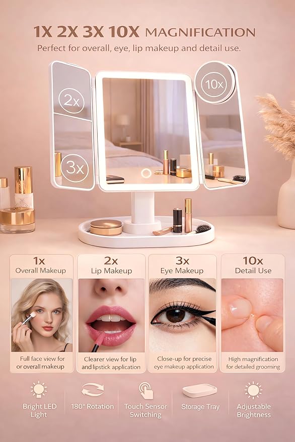 Lighted Makeup Vanity Mirror, Height Adjustable Trifold Mirror with Seamless Light Strip, 1X/2X/3X/10X Magnification, 2000mAh Rechargeable Desk Mirror, Dimmable 3 Color Lighting, Gifts for Mom Women