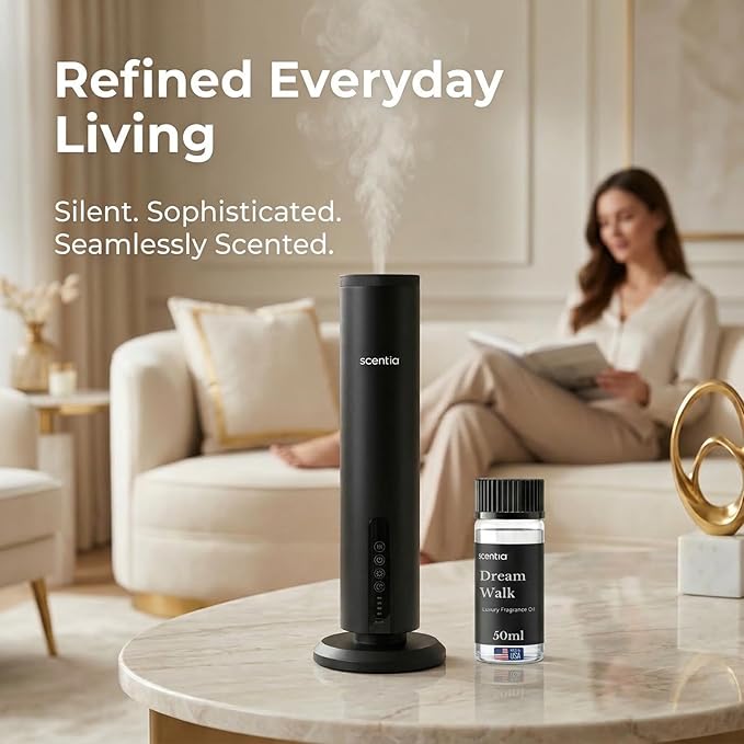 Scentia Wireless Waterless Hotel Scent Diffuser | Includes Premium USA-Made Oil Blend | App Controlled, Cordless | Home, Office, Spa, Aromatherapy | Covers 1500 Sq Ft | 72 Hrs in 1 Charging | Black