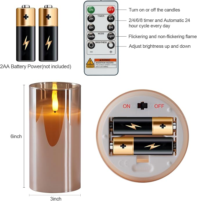 5plots Flameless Battery Operated Candles Set of 2, Gold LED Candles with Remote Timer, Real Wax Glass Pillar Candles Warm Flickering Light for Indoor Home, Halloween, Christmas Decor D3 x H6 6"