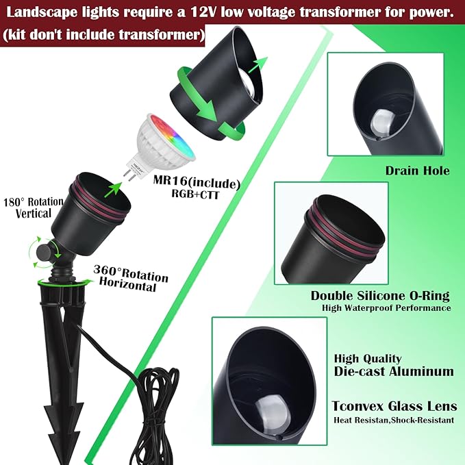 RGB Low Voltage Landscape Lighting, Smart Landscape Spot Lights Outdoor, 12 Volt Color Changing Landscape Lights with Remote/APP/Voice Control, Outdoor Uplights for Garden Yard.