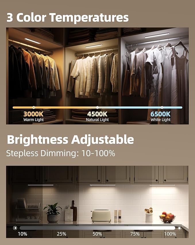 Under Cabinet Lighting, 12inch Rechargeable Motion Sensor Light Indoor, 2400mAh Battery Operated Closet Lights, with Dimmable & 3 Color Temps, Wireless Under Counter Lights for Kitchen,Stairs(6Pack) ﻿
