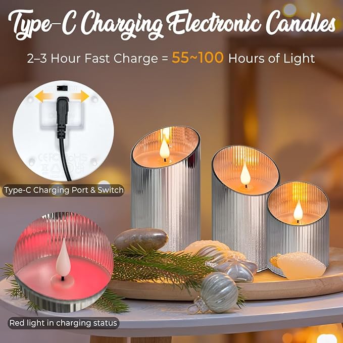 Rechargeable Flameless Candle, Flickering LED Pillar Glass Fake Candle with Remote and Timer, Built-in Battery Real Wax Electronic Candle for Room Decoration, Set of 3
