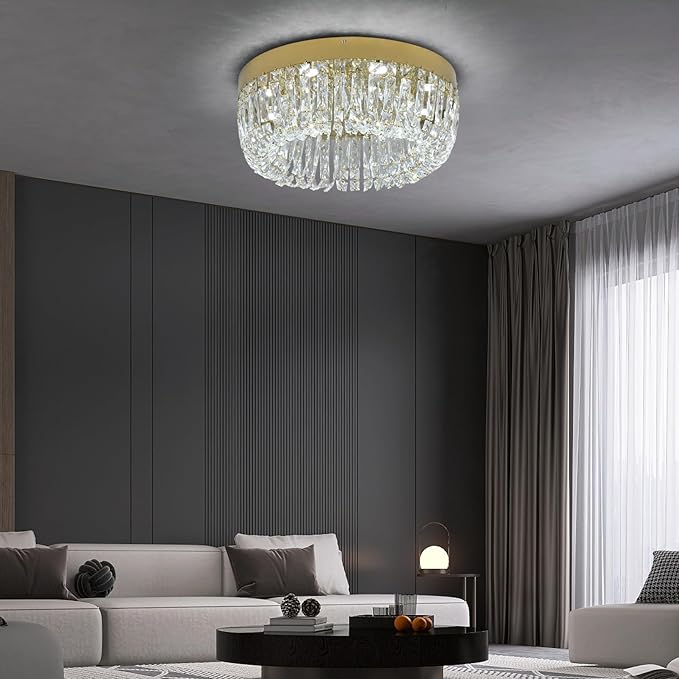 Deckrico Luxury Gold Crystal Chandelier Flush Mount Ceiling Light, 19.7" Modern LED Lighting Fixture for Bedroom Kitchen Dining Room Living Room