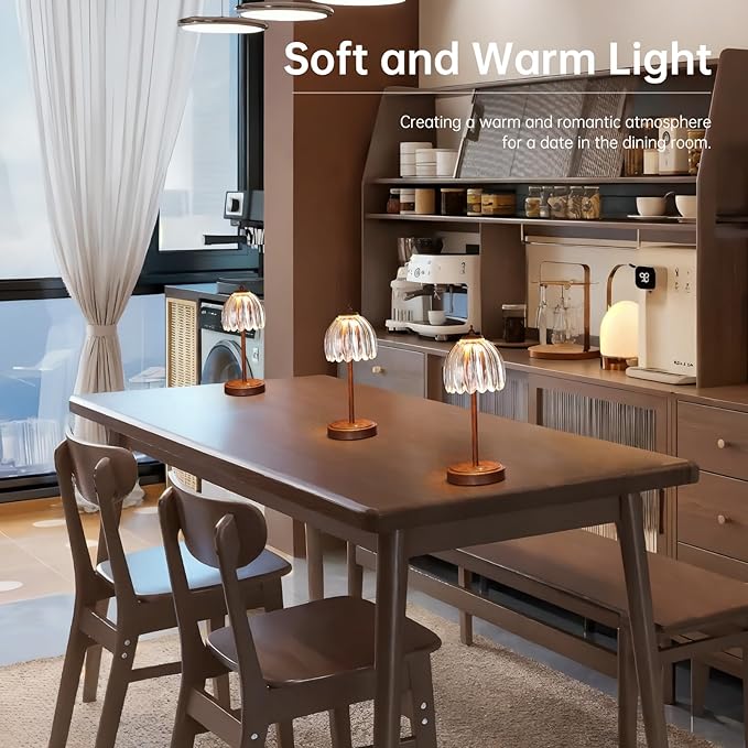 Tulip Table Lamp with 5200mAh Battery & Touch Control, Small Cordless Table Lamp with 3 Colors, Rechargeable Battery Operated Table Lamps for Bedroom, Desk, Bedside (Transparent-Walnut Color)