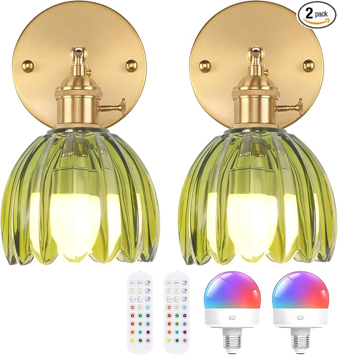 Vintage Battery Operated Wall Sconce with Green Tulip Glass Lampshade Rechargeable Battery Powered Wall Light with Remote Control for Bedside Bedroom Doorway, Set of 2