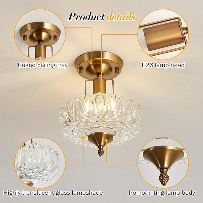 UOFUS Vintage Gold Semi Flush Mount Ceiling Light Fixture with Clear Glass Shade Antique Brass Small Chandelier Flower Close to Ceiling Light for Hallway Entryway Bedroom Porch Foyer Corridor Kitchen