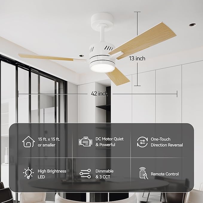 SUNMORY Ceiling Fans with Lights and Remote, 42 Inch Modern Ceiling Fan with Light, Reversible DC Motor, Dimmable LED, 3CCT, Quiet, Small Ceiling Fan for Bedroom/Living Room/Patios, White