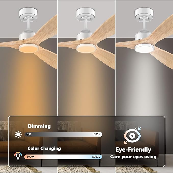 52 Inch Wood Smart Ceiling Fans with Lights Remote,Voice Control via WIFI Alexa App,Quiet DC Motor,Outdoor Indoor Ceiling Fan,Dimmable,Modern Light Wood Lighting & Fan for Bedroom Patio Porch