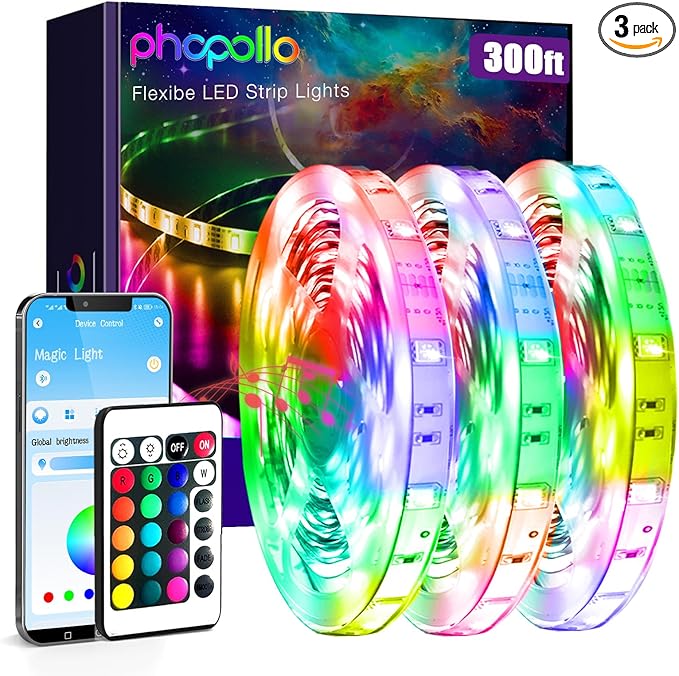 phopollo Bluetooth 24V Led Strip Lights 300ft (3 Rolls of 100ft), Color Changing LED Lights for Bedroom, Kitchen Decor, App Control and Music Sync