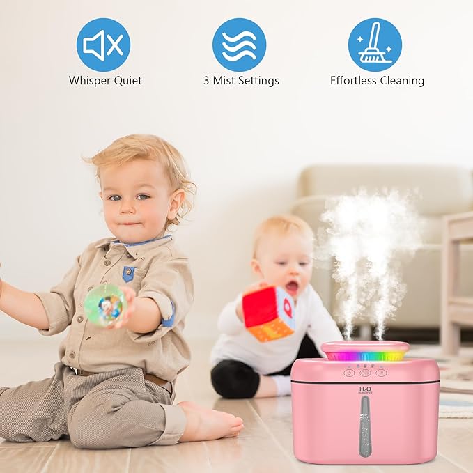 SZO Humidifiers for Bedroom, 2.5L Capacity, Auto Shut-Off, Easy to Fill & Clean, 16 dB Quiet Ultrasonic Humidifier for Large Room, Plants, Baby Nursery, Indoor, Night Light（Pink）