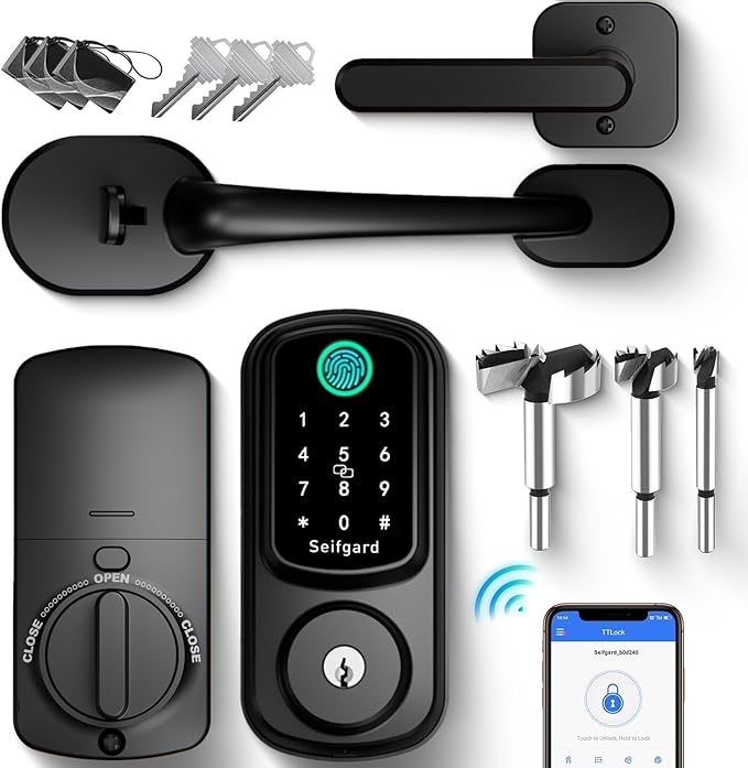 Keyless Entry Door Lock with Handle Set, Smart Door Lock for Front Door with Woodworking Flat Wing Drill, Electronic Keypad Deadbolt Lock, Auto Lock Compatible with Alexa, Black