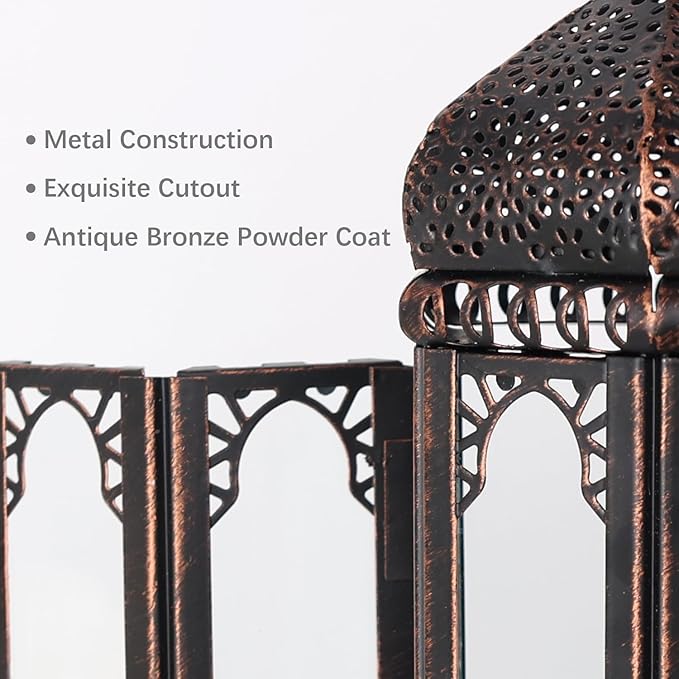 DECORKEY Vintage Medium Size Lantern Decorative Indoor & Outdoor, Moroccan Hanging Lantern with Clear Glass, Metal Tabletop Candle Lanterns for Front Porch Patio Decor, Christmas Decorations