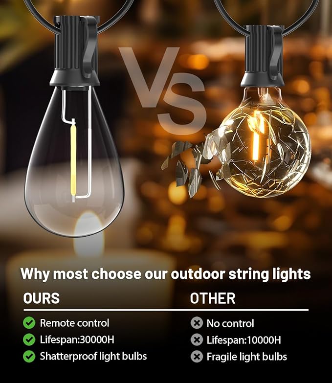 Tenmiro 100FT LED Outdoor String Lights with Remote, 35+ 1 Shatterproof Bulbs Waterproof and Dimmable Patio Lights for Porch, Garden, Backyard, Deck, Balcony, 2700K Hanging Lighting