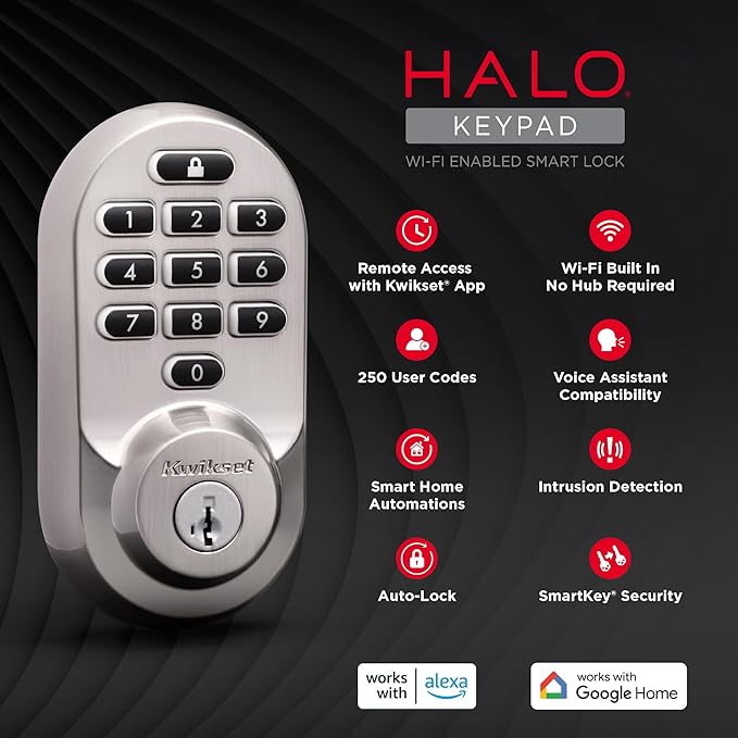 Kwikset Halo Wi-Fi Smart Lock, Keyless Entry Door Deadbolt, Geofence Auto-Unlock, Grade AAA Certified, No Hub Required Easy Install, Satin Nickel Lifetime Finish Warranty, Backlit Keypad