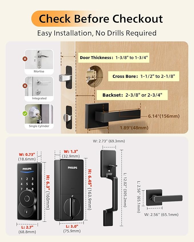 Philips WiFi Smart Lock with Front Door Handle Set, Built-in WiFi, APP Remote & Voice Control, Fingerprint Keyless Entry Door Lock, Keypad Deadbolt Smart Locks for Front Door, Auto-Lock, Matte Black