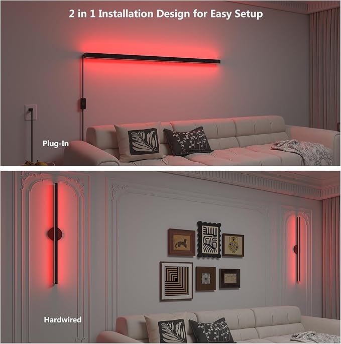Smart LED Wall Sconce Alexa & Google Home Compatible, 35.4" Plug-in/Hardwire RGBCW Wall Mount Light Bar, Color Changing & White Dimmable, Modern Wall Lamp for Bedroom, Living Room Decor, 1pcs