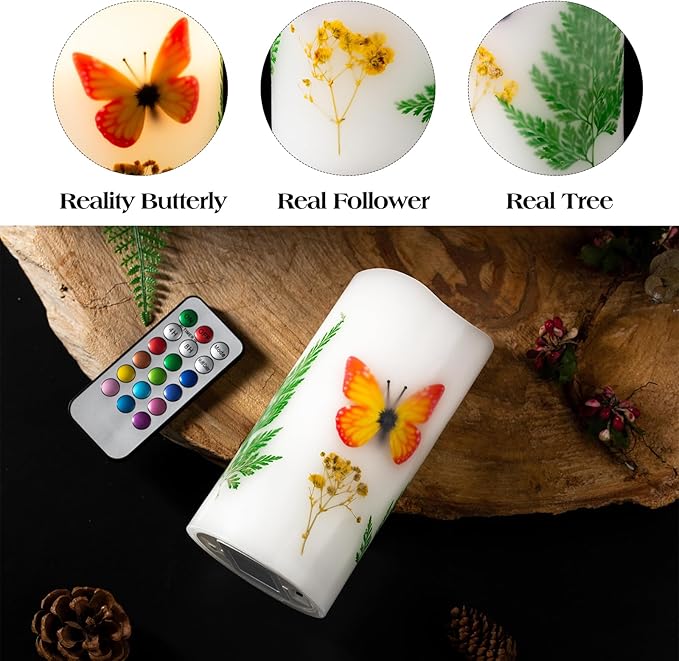 Flameless Candle with Remote Control, Battery Operated Led Light Electric Candles with Flickering Timer Dimmer Feature, Halloween Christmas Fall Home Decorations, 3 X 6 '' (Orange Butterfly Candle)