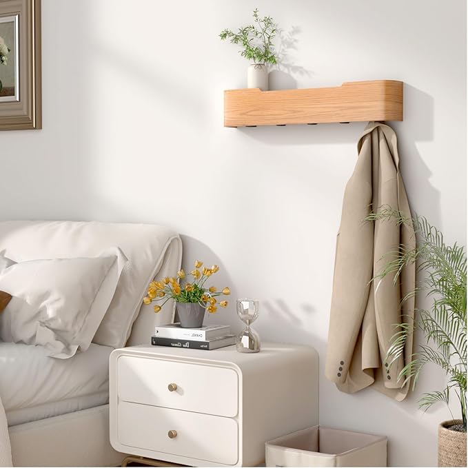 Coat Rack Wall Mount Entryway Organizer Modern Key Holder Wall Mount with Wooden Shelf Entryway Hooks for Bedroom Kitchen Hallway Bathroom for Hanging Coats Hats Dog Leashes Bags Towels
