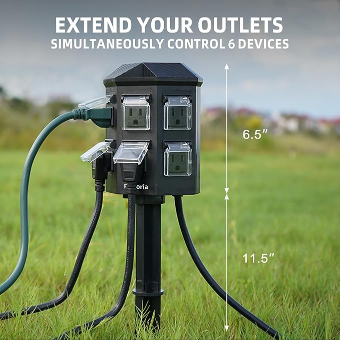 Outdoor Power Stake Timer, Remote Control Dusk to Dawn Light Timer, 60FT Extension Cord Waterproof, 6 Grounded Outlets for Graden and Yard Decorations, ETL Listed