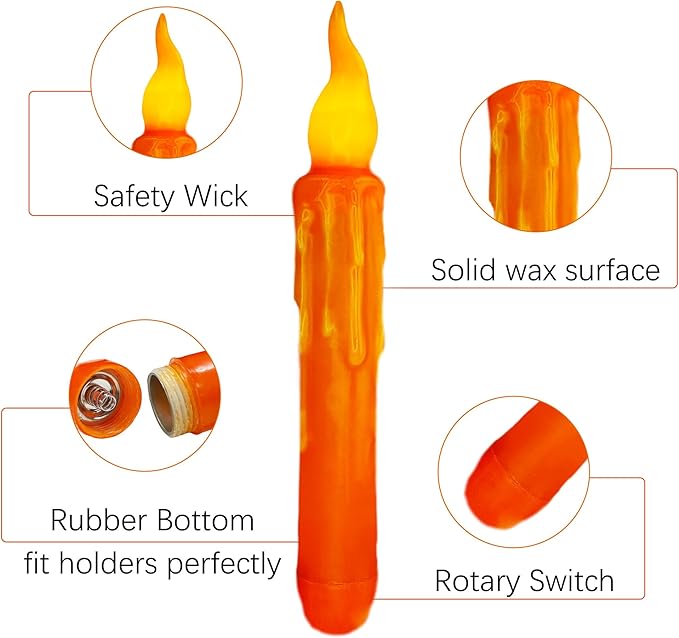 4pcs Orange Real Wax LED Tapered Candles, Battery Operated, Remote Controlled, 6inches, Perfect for Weddings, Decorations, Emergency Use