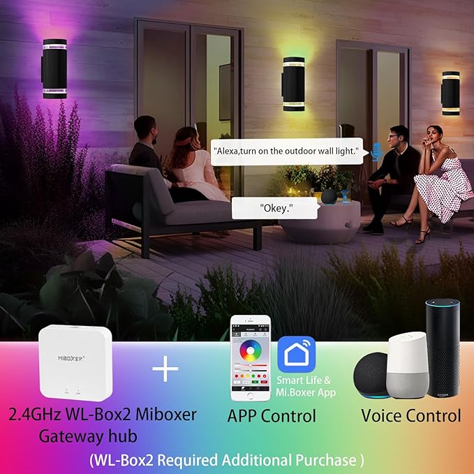 Up and Down Outdoor Smart Wall Light, RF Remote Control Color Changing Wall Lights, White Temperature 2700k- 6500k RGB+CCT 9 Modes Exterior Wall Lighting-Works with Alexa, Google Assistant