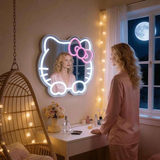 Hello Kit Mirror with Light Neon Signs for Room Decor, USB Powered Cute Cat LED Lights, Teen Girl Best Gift, Makeup Mirror Neon Sign Wall Decor (White)