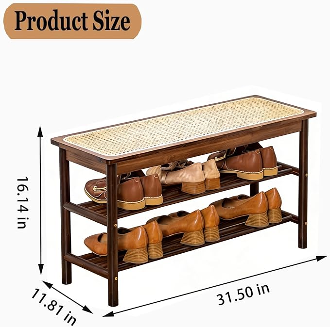 latifolia Shoe Rack Bench, 3-Tier Bamboo Shoe Bench with Breathable Rattan Seat Cushion, Shoe Storage Rack for Entryway(Walnut,31.50''L)