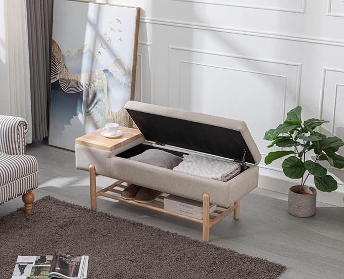 Modern Entryway Storage Bench, Upholstered Shoe Ottoman Bench, Flip-Top End of Bed Bench with Wood Shelf/Coffee Table for Living Room/Bedroom/Hallway/Under Window,46.5 Inches,Beige Linen