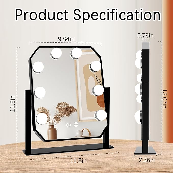 Hollywood Vanity Mirror with Lights - LED Makeup Mirror with 3-Color Dimmable Lights, Smart Touch Control, Detachable 5X Magnifier - Light Up Mirror for Bedroom, Tabletop Make Up Mirror with Lighting