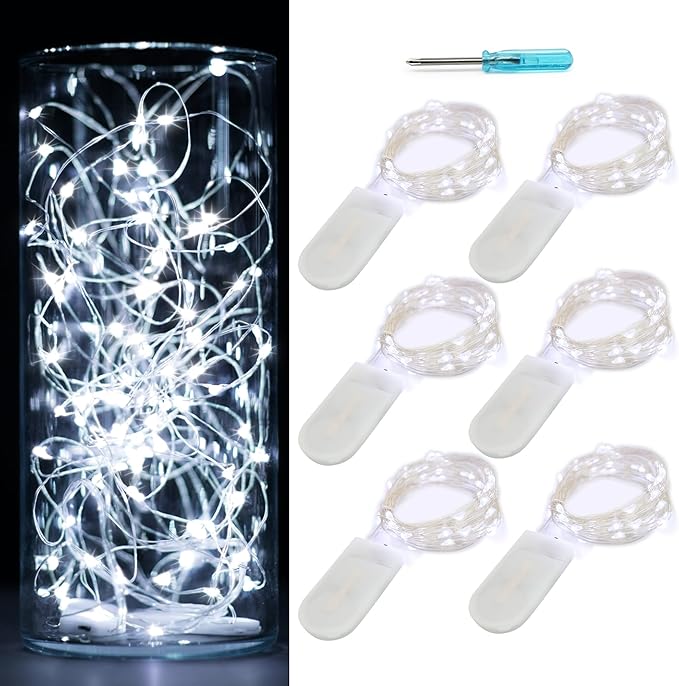 OakHaomie 6 Pack Fairy Lights Battery Operated No Remote Waterproof Firefly Lights LED Starry String Lights 20 LEDs 7ft Silvery Copper Wire for Wedding Party Bedroom Patio Christmas Decor Cool White