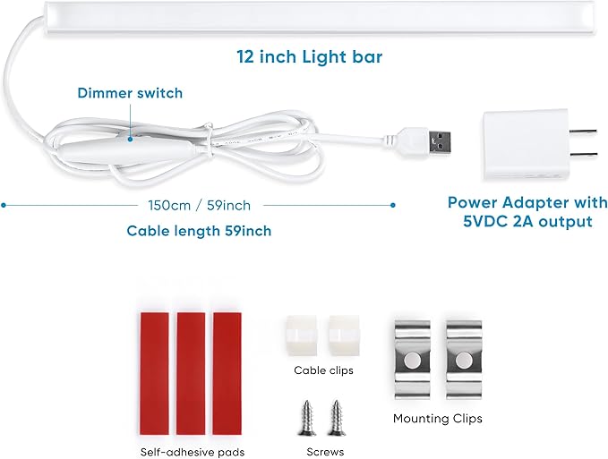 Litever Under Cabinet LED Light with USB Power for Kitchen Counter, Workbench, Coffee Station, Workspace, Closet. Adapter, Dimmer, 12 Inch LED Light. Warm White 3000K