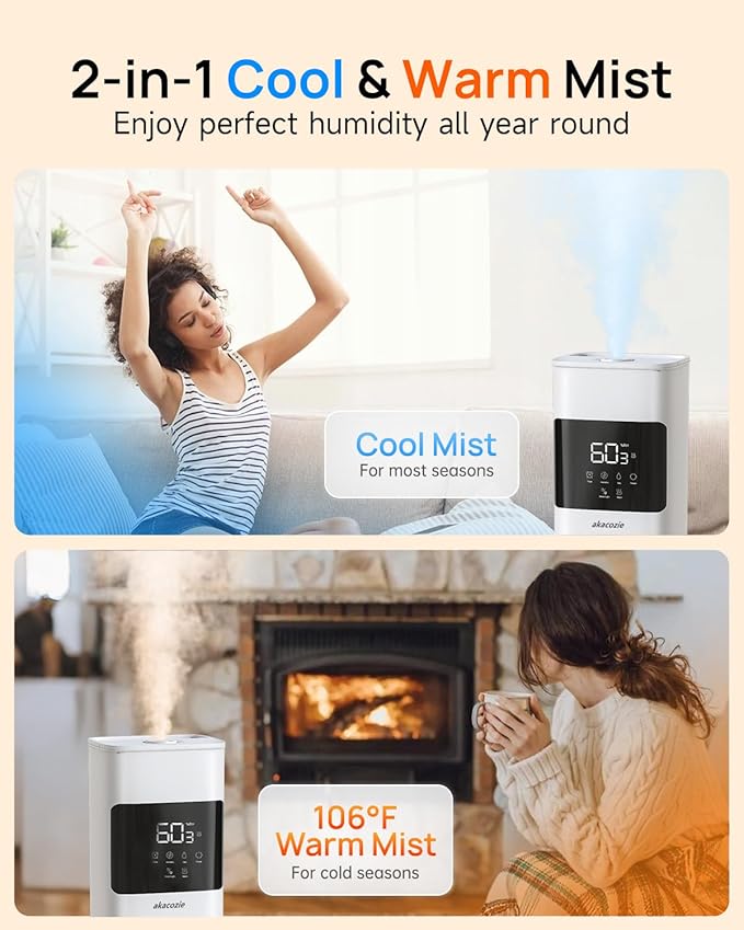 Warm & Cool Mist Humidifiers for Bedroom 500 sq ft, 2.1Gal/8L Top-Fill Humidifier Large Room with Essential Oil Diffuser, Large Room Humidifiers for Home Baby Nursery Office Plants, White
