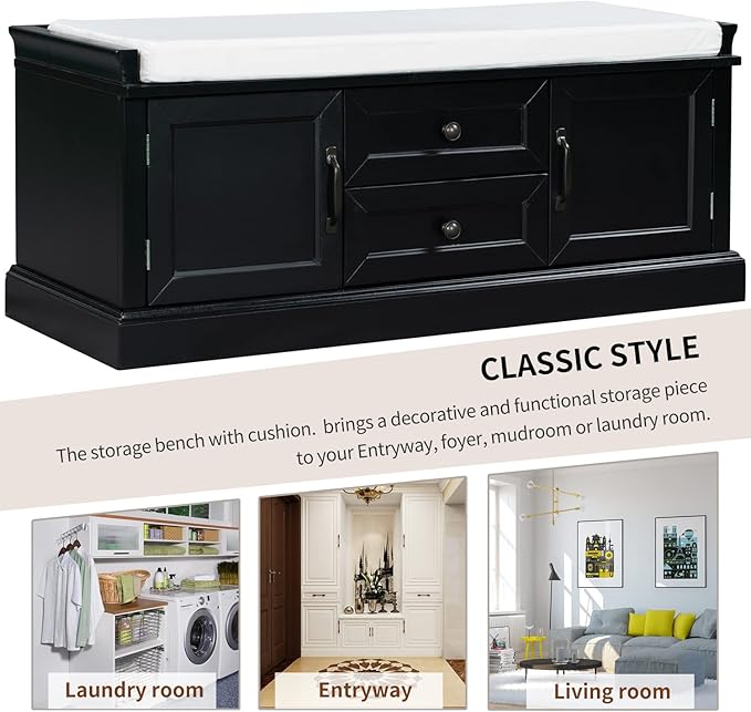 Entryway Storage Bench with Drawers & Cabinets — Cushioned Shoe Storage Bench for Hallway, Mudroom, or Living Room, Solid Wood Frame (Black)