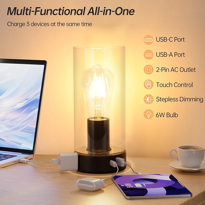 Bedside Table lamp for Bedroom -Touch Lamp with USB-A+C Charging Ports & AC Outlet. Nightstand Lamp with Black Base Glass. Stepless Dimming Small Lamp for Bedroom, Dorm, Office, Kids Room, Living Room