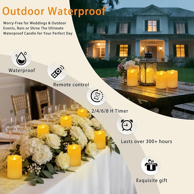 Outdoor Flameless Candles, Patented 3D Dual-LED, Set of 2 Slanted Resin Pillars with Remote, Waterproof Non-Melting Battery Operated Decor for Bathroom Bedroom Gift, Ivory (D3 x H6)