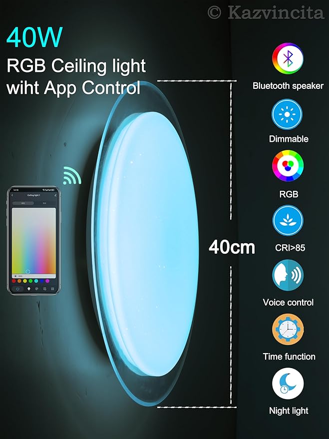 Dimmable Round LED Ceiling Light Flush Mount 15 Inch 40W Built-in Bluetooth Speaker Modern Lighting Fixtures RGB Ambient Ceiling Lamp Suitable for Bedrooms Kitchen Kids' Rooms and More