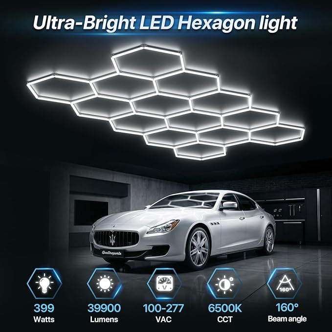 HYPERLITE Gen 2 Hexagon Garage LED Light, Upgraded 3 Level Dimmable 399W 39900LM Super Bright Garage Detailing Lights, 14 Grids Hex Shop Lights, Hexagon LED Lights for Basement, Car Detailing, Gym