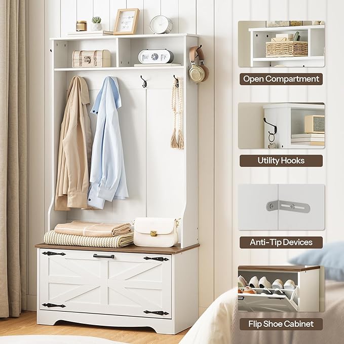HOOBRO Hall Tree with Bench, Entryway Bench with Coat Rack and Shoe Cabinet, Flip Drawers, Farmhouse Hall Tree with Shoe Organizer, Mud Room, White and Walnut WH85MT01