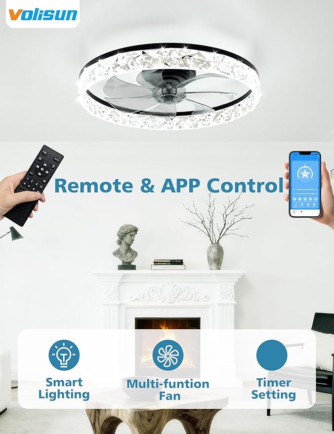 VOLISUN Low Profile Ceiling Fan with Lights and Remote, 20in Modern Ceiling Fans Flush Mount, 3000K-6500K Dimmable Bladeless LED Fan Light, Black Fandelier Ceiling Fans with Lights for Bedroom