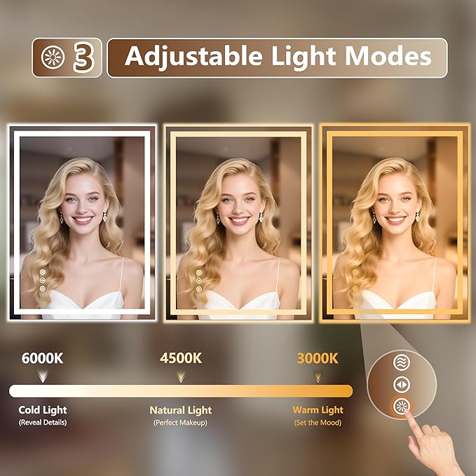 30x36 Inch LED Lighted Bathroom Mirror - Anti-Fog Vanity Mirror with Dimmable Front & Backlit, 3 Color Temp, Smart Memory - Shatterproof HD Glass, IP54 Waterproof Wall Mounted for Makeup Shaving