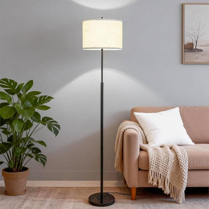 Modern Floor Lamp for Living Room with Beige Shade, Pull Chain Switch, 66" Tall Industrial Floor Lamps Reading with Marble Base for Bedroom Office (9W LED Bulb Included) -Black